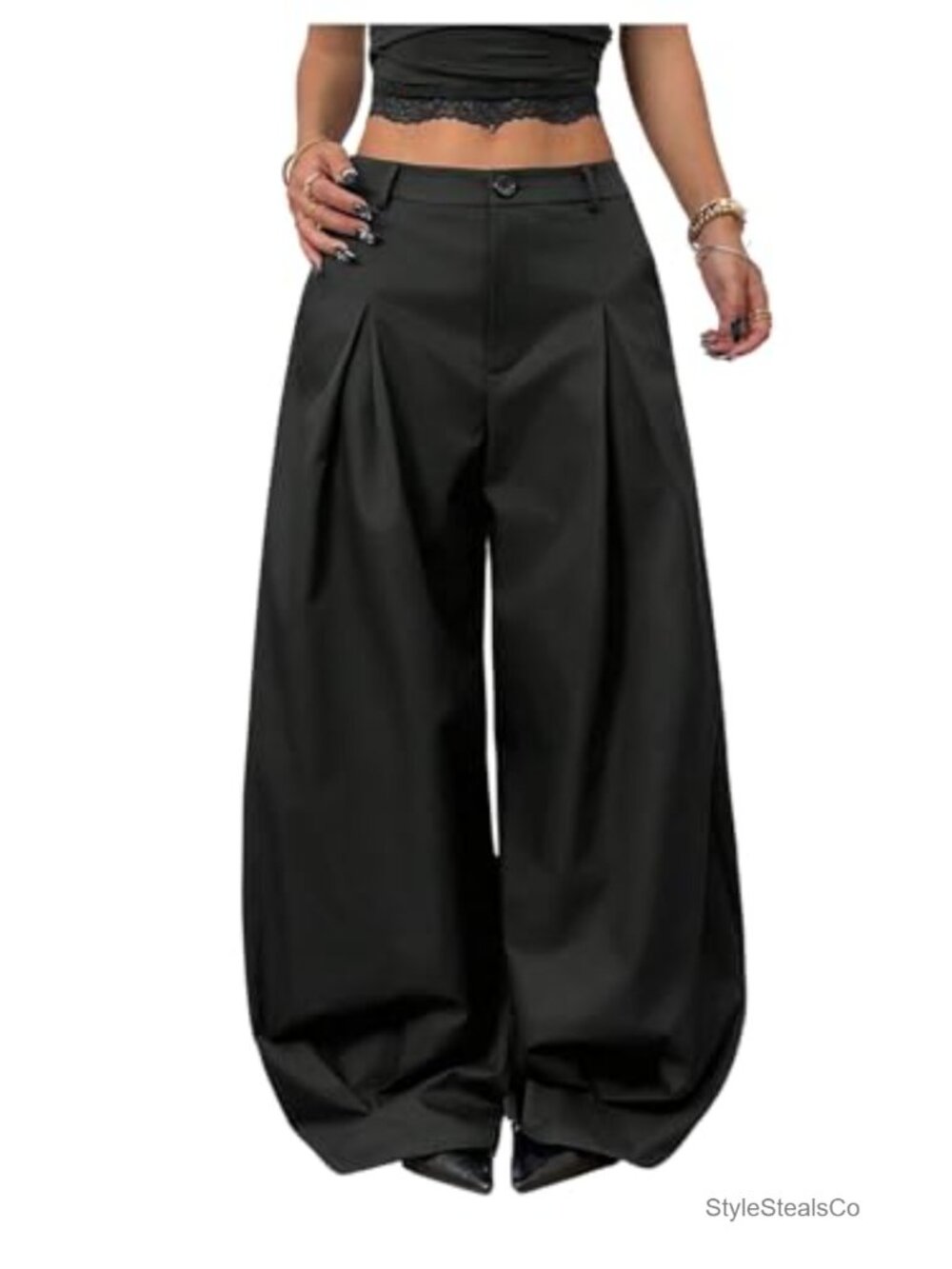 Pleated Barrel Leg Low Rise Balloon Dress Pants Relaxed Wide Leg